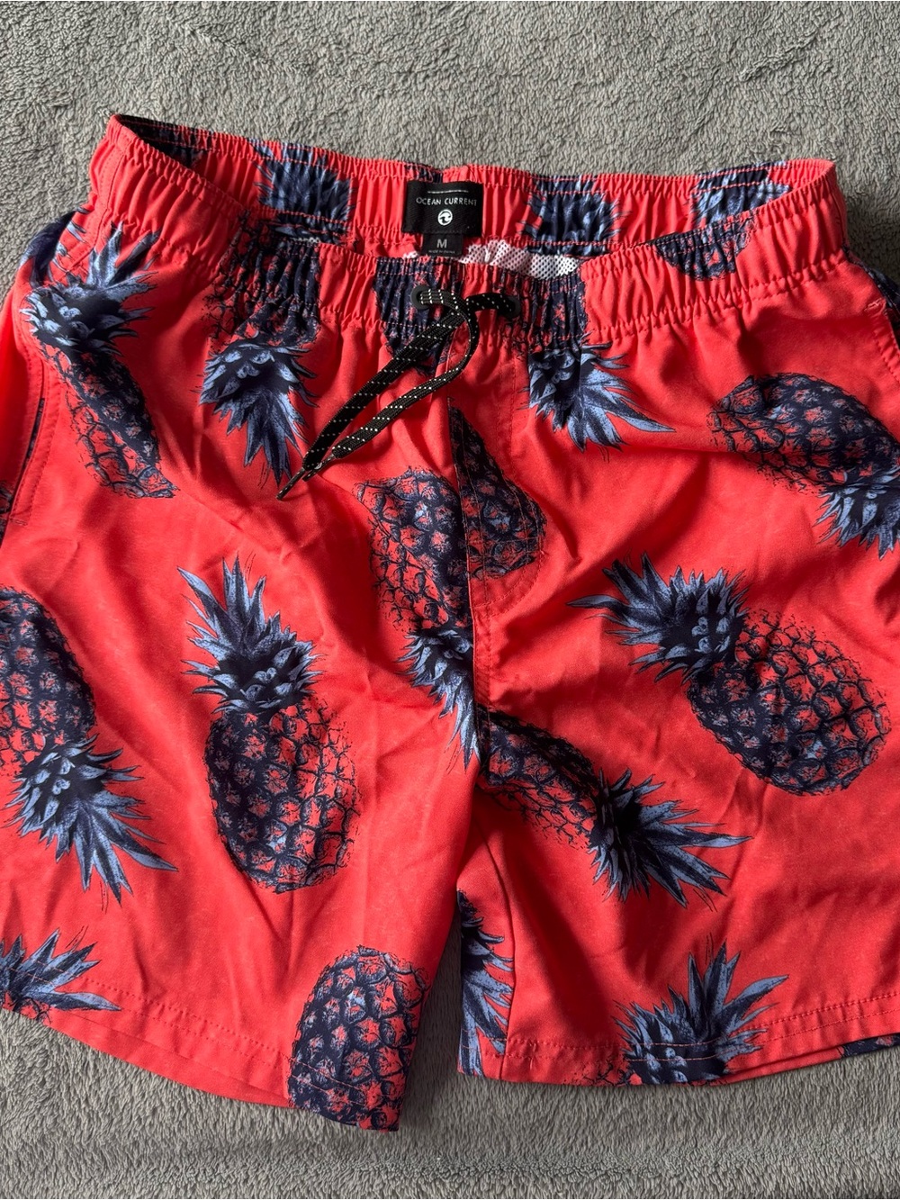Ocean Current Red Swim Trunks with Navy Pineapple Print